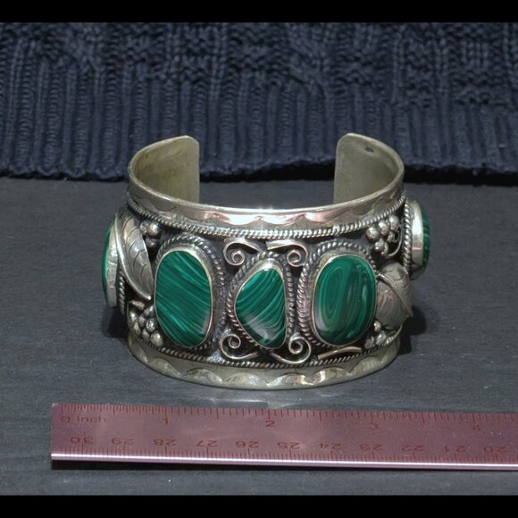 Jewelry - MASSIVE Estate 1950s Native Mexican Malachite Sterling Silver Bracelet